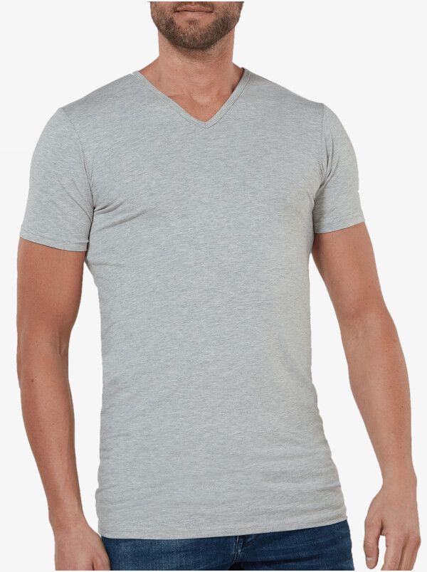Grijs gemêleerd lang slim fit T-shirt 2-pack met diepe v-hals voor mannen
